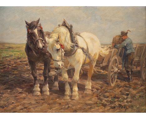GEORG WOLF1882 Niederhausbergen - 1962 UelzenBauer mit zwei Pferden auf dem Feld Öl auf Leinwand. 37 x 51 cm (R. 55 x 70 cm).