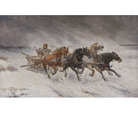 ADOLF BAUMGARTNER-STOILOFF1850 Linz - 1924 WienQuadriga in Winterlandschaft Öl auf Leinwand. 50,5 x 82 cm (R.81 x 112 cm). Si