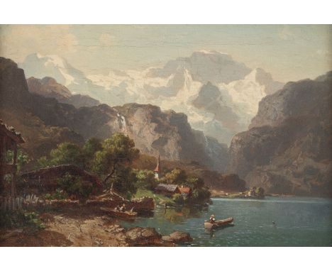JOSEPH NIKLAUS BÜTLER1822 Küssnacht - 1885 DüsseldorfPartie am Thunersee mit Blick auf die Jungfrau Öl auf Leinwand. 23 x 33 