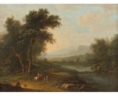 CHRISTIAN GEORG SCHÜTZ (ATTR.)1718 Flörsheim - 1791 Frankfurt/MainWEITE FLUSSLANDSCHAFT MIT REITER UND BAUERN AM WEGESRAND UN