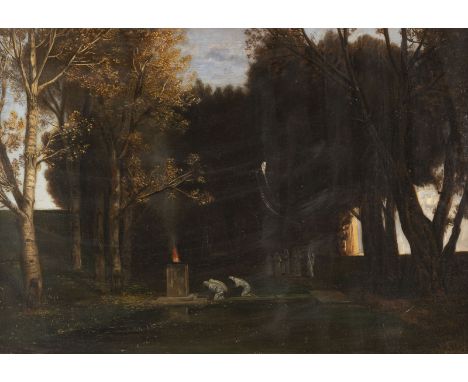 MALER DES SYMBOLISMUSTätig 2. H. 19. Jh.Vestalinnen vor dem Heiligen Feuer im Park Öl auf Leinwand. 68 x 96 cm (R. 86 x 115 c