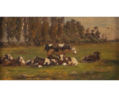 JOHANNES FREDERIK HULK1829 Amsterdam - 1911 HaarlemWeidende Kühe Öl auf Holz. 12,5 x 22 cm (R. 25 x 33,5 cm). Signiert unten 