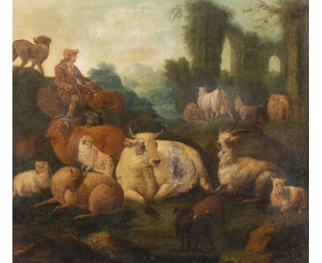JOHANN HEINRICH ROOS (ATTR.)1631 Otternberg - 1685 Frankfurt/MainIDEALLANDSCHAFT MIT HIRTENIDYLLE UND TEMPELRUINE Öl auf Lein