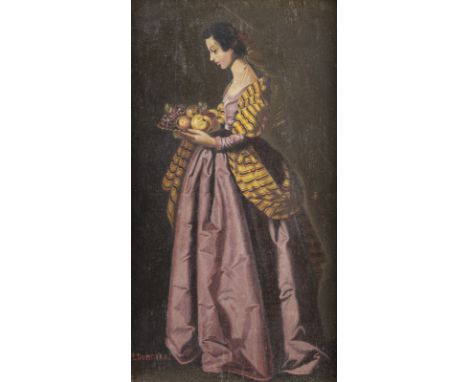 FRANCISCO DE ZURBARÁN (IN DER ART DES)1598 Fuente de Cantos - 1664 MadridSANTA DOROTHEA Öl auf Holztafel. 21,5 x 12,5 cm (R. 