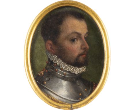 NORDITALIENISCHE SCHULE DER ZWEITEN HÄLFTE DES 16. JH.PORTRAIT EINES EDELMANNES MIT RÜSTUNG Öl auf Kupfer. 5,8 x 4,4 cm (R. 6