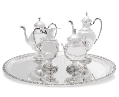 Silver service with tray, caffee pot, tea pot, milk pot and sugar bowl. Hallmarks: 800 - 421FI, Florence, 20th Century, tray 