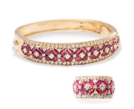 Parure composed of yellow gold, synthetic ruby and diamonds bracelet and ring. Baguette ruby and brilliant-cut diamonds. Brac