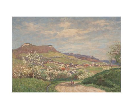 DRÜCK, HERMANN (1856-1931) "Blick auf Owen an der Teck" Öl auf Platte, sig., Verso handgeschriebenes Etikett mit Titel und An