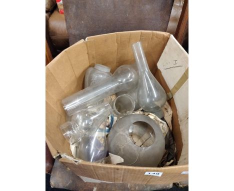 BOX OF OIL LAMP SHADES AND FUNNELS