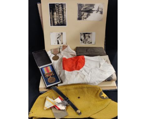 WW2 JAPANESE MILITARY COLLECTION TO INCLUDE MEDALS, PHOTO ALBUM,CAP, FLAG, SERVICE BOOK AND MANUAL