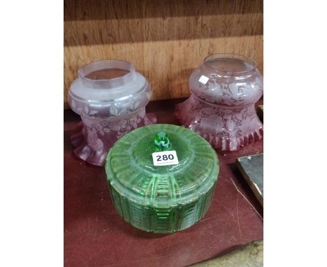 2 RUBY OILS LAMP SHADES AND GREEN GLASS BOWL