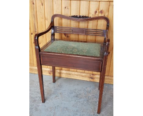 EDWARDIAN INLAID PIANO STOOL WITH LOW BACK &amp; TAPERED LEG AND OPEN SEAT FOR MUSIC