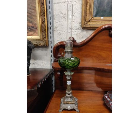 ANTIQUE GREEN GLASS OIL LAMP