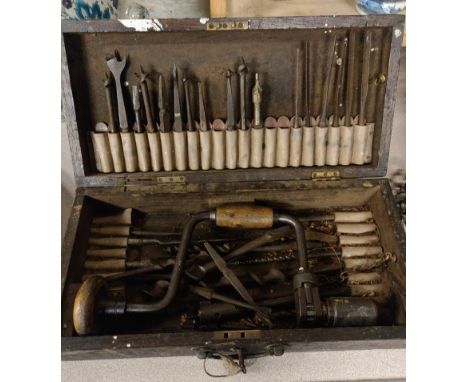 BOX OF ANTIQUE TOOLS AND BOX