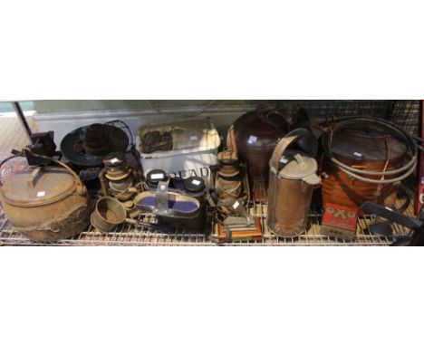 A shelf full of interesting items to include a set of scales and weights, enamel Bread bin, metal hat box, earthenware flagon