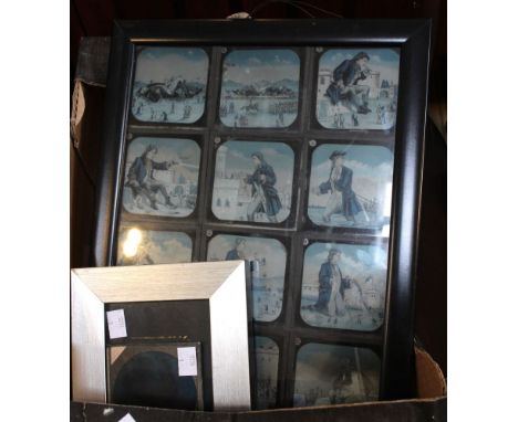 A frame of twelve magic lantern slides, depicting the adventures of Gulliver, together with two others, one of an elephant