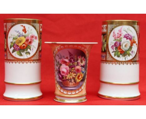 A pair of 19th century Spode porcelain spill vases of cylindrical form, gilded and hand painted floral decoration 11.5cm high
