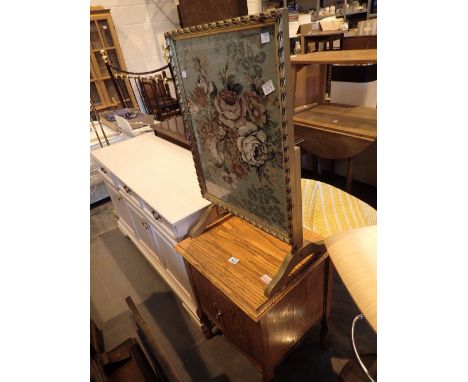 Oak cupboard on cabriole legs firescreen occasional table with faux Peony tapestry with glazed top