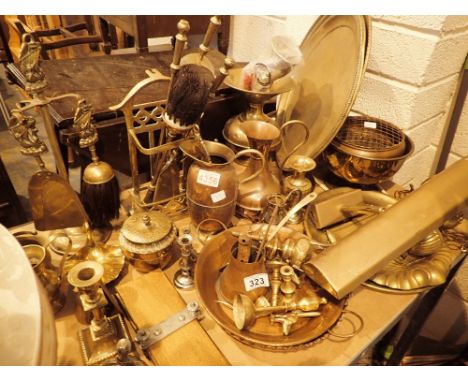 Shelf of mixed copper and brass items including companion sets 