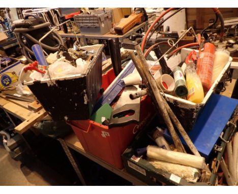 Two boxes of tools including wood plane professional paint / decorating equipment 
