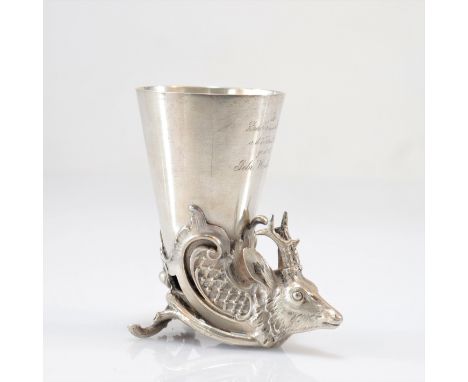 German (800) silver hunting goblet. Deer.1898 - Weight:  190 g - Region: Germany - Sizes: H=105mm L=90mm - Condition: At firs