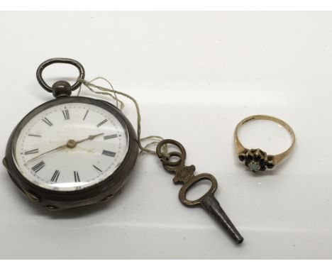 A 9ct gold ring set with a small opal and a silver fob watch, approx size L/K
