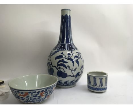 A large Chinese vase alongside a Chinese bowl and crush pot. The vase measuring approximately 60cm