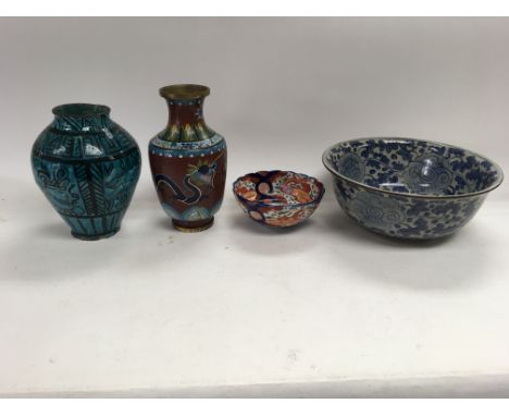 A collection of three ceramic pieces and a Cloisonné vase with damage