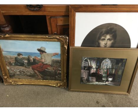 A collection of framed pictures to include seascape portraits, interiors and portraits