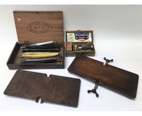 A collection of oddments comprising a tie press, a Wilkinson vintage razor set in original condition and a collection of cut 