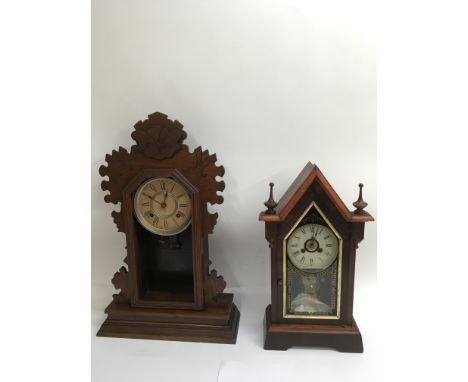 Two steeple clocks, one with decorative glass panel the other by Ansonia a/f