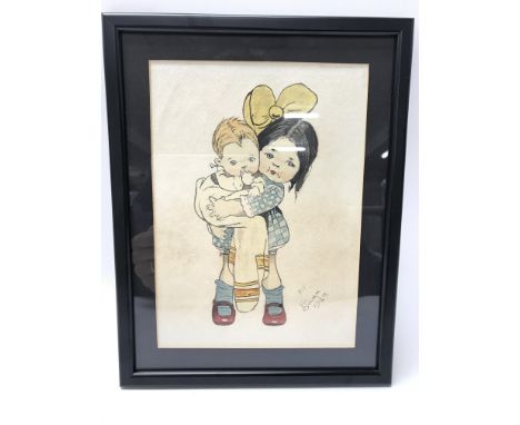 A framed pencil sketch of a young girl holding a baby, signed and dated 1927. Size approx 24x30cm