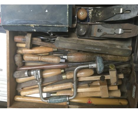 A Tray containing a collection of wood working tools including chisels and planes