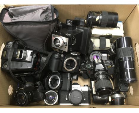 A box of assorted cameras including Pentax and Yashica plus lenses and a Chinon video camera