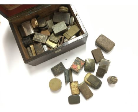 A 19th century rosewood work box containing match holders, snuff boxes etc