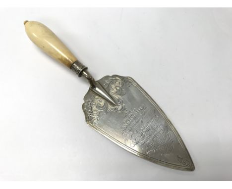 A hallmarked silver trowel made in presentation at the laying of the 'Foundation Stone' of a Methodist Chapel dated 6th Octob