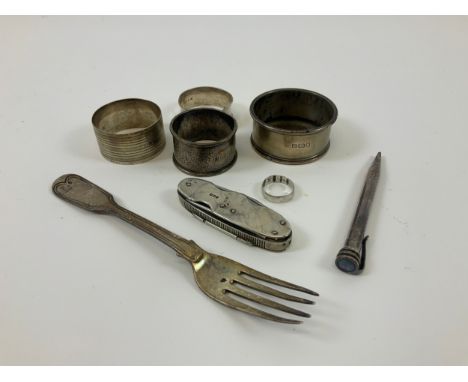 Silver Napkin Rings, Fork and Knife - Total Weight 155gms 