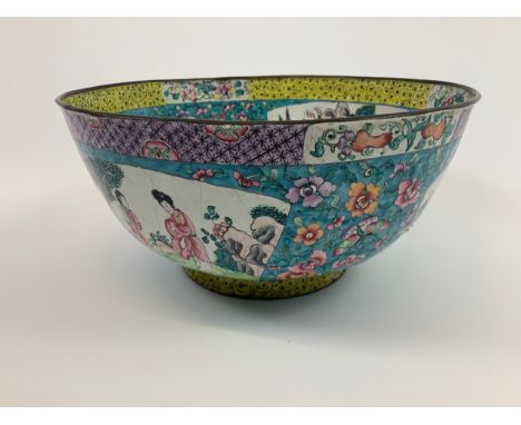 Large Antique Japanese Hand Enamel Decorated Bowl on Copper Ground - 31cm x 14cm 