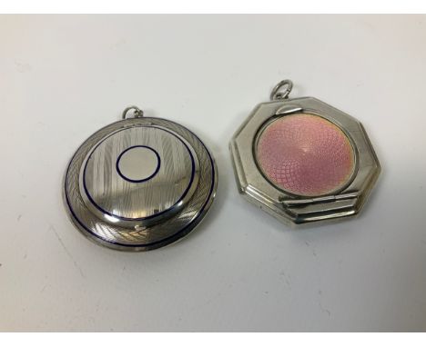 Silver and Guilloche Deco Pendant/Compact with Mirror and One Sterling Silver and Enamel Pendant/Compact with Mirror 