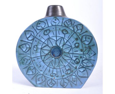 Troika - St Ives - Smooth ware - A rare early studio art pottery moon flask vase having a blue repeating flower and petal des