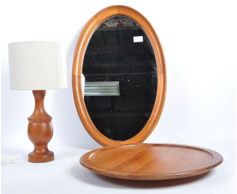 A group of 1960's Danish retro vintage teak wood furniture / objects comprising a turned wood lamp, spinning lazy susan of ci