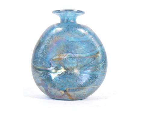 A 20th Century retro vintage studio art glass iridescent vase / scent bottle having a round moon flask shaped body with waist