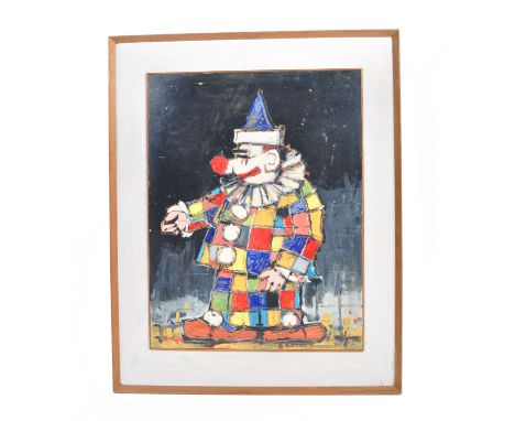 A 20th century mixed media acrylic and oil on board panel painting of a clown. The clown depicted with a patchwork outfit, wi