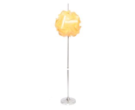 A contemporary designer retro style brushed aluminium floor standing / standard lamp having a tulip base and a orange plastic