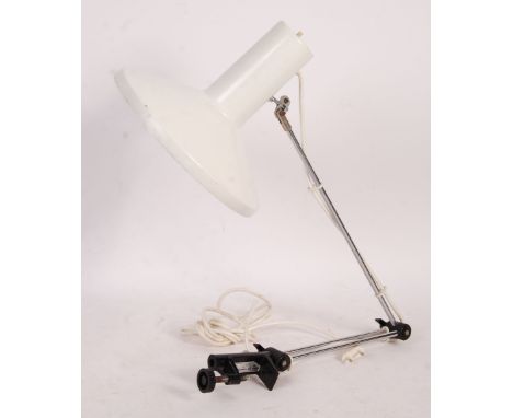 Szarvasi Vas-Femipari - A mid 20th Century Hungarian retro vintage articulated clamp lamp having a stepped conical white shad