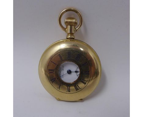 An early 20th century 14k stiffened gold half hunter pocket watch by Lever Brothers Ltd, New York, white enamel dial with Rom