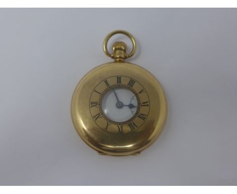 A 9ct yellow metal half hunter pocket watch, Birmingham 1936, 15 jewel movement, white enamel dial with Arabic numerals, subs