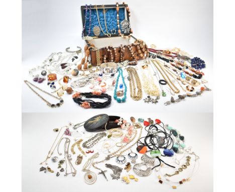 A collection of costume jewellery &amp; boxes. The lot to include; white metal, mother of pearl, drop earrings, enamel, shell