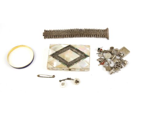 Silver charm bracelet, Indian white metal bracelet  an enamelled bangle and a Victorian mother of pearl and silver card purse