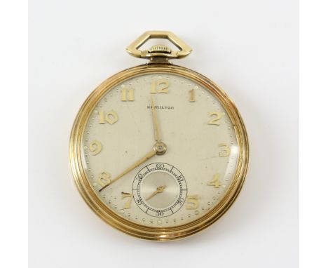 Hamilton 14 ct gold open-faced pocket watch the circular case  enclosing signed dial with gold applied Arabic numerals, bead 